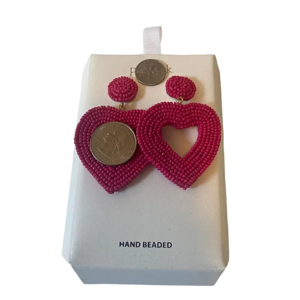 Piper.k Hot Pink Seed Bead Open Heart Drop Earrings.